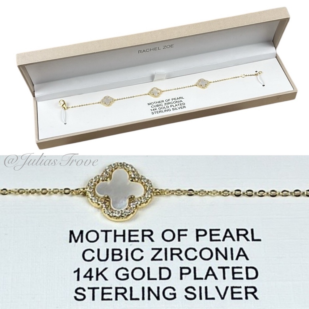 Rachel Zoe Mother of Pearl Bracelet 14K Gold Plated 925 Silver Clover NWT